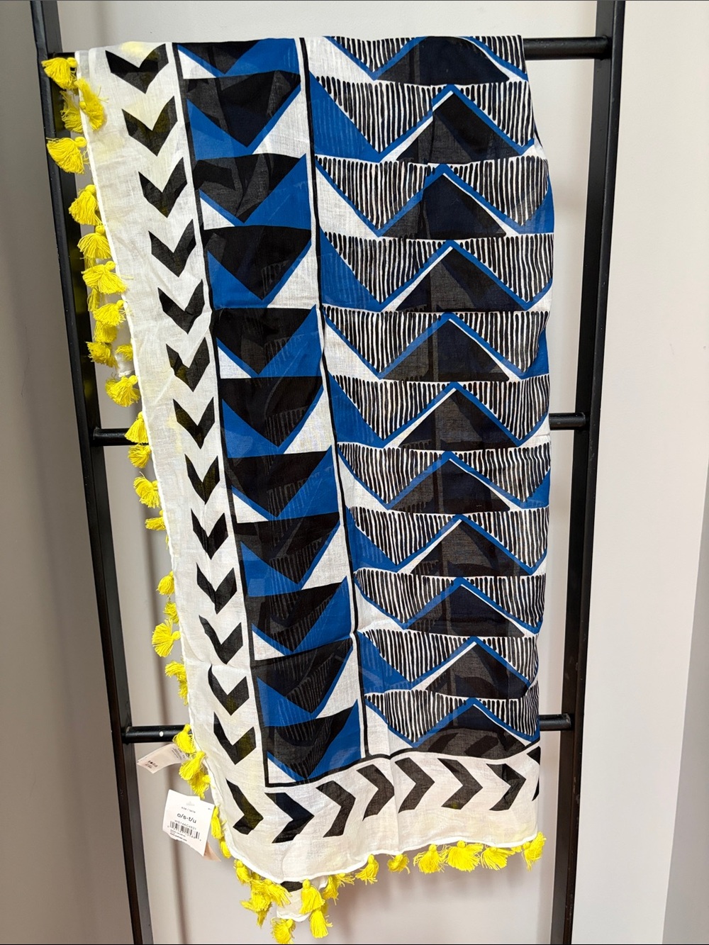 Joe Fresh Blue and Black Geometric Scarf with Yellow Tassels